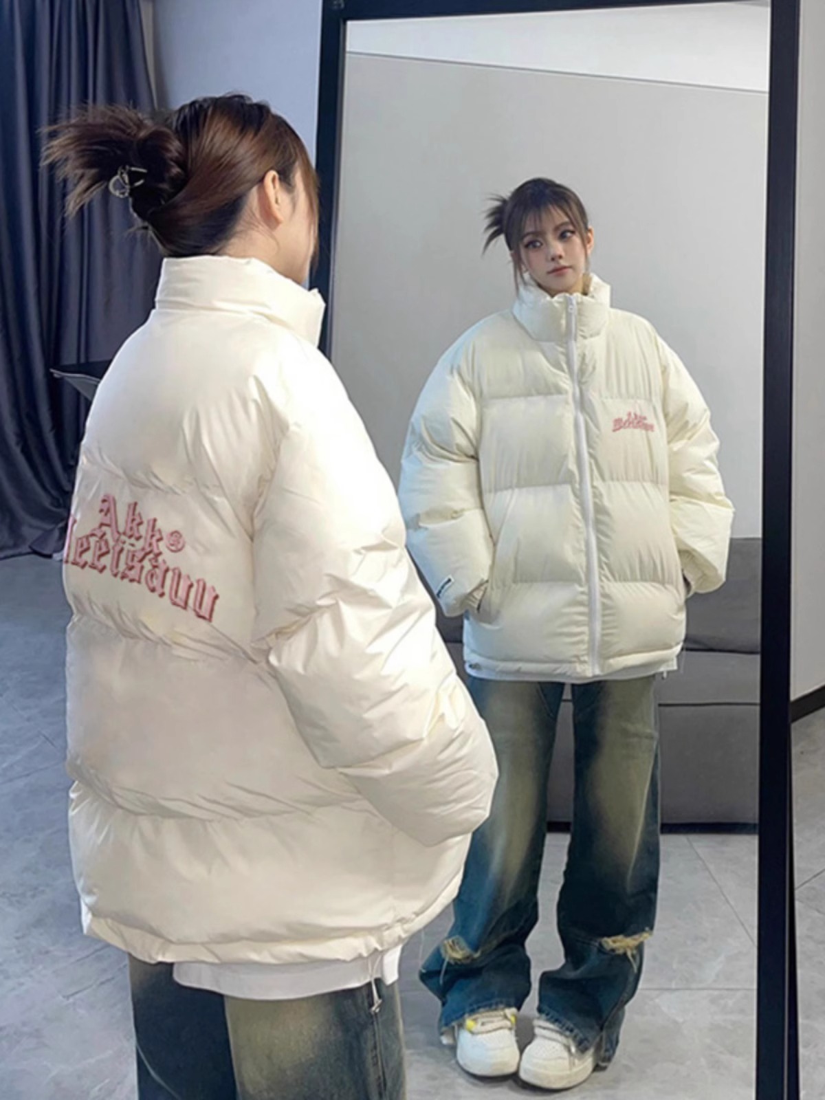 高品質手塞棉加厚冬季新款棉服寬鬆印花棉衣麵包服女