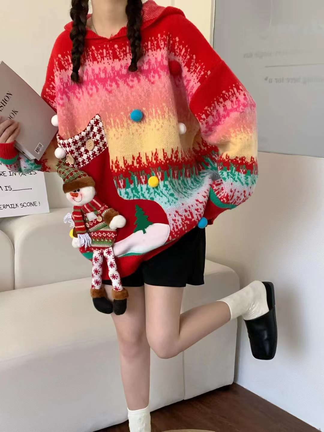 聖誕節主題連帽毛衣女寬鬆外穿慵懶風加厚復古外套秋冬上衣針織衫