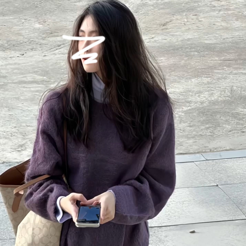 高級感超好看紫色套頭毛衣外套女秋冬季2023新款慵懶風針織衫上衣