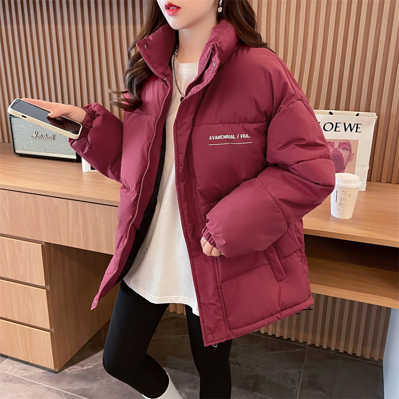實拍 黑色棉服女冬字母印花休閒百搭立領棉服外套女加厚保暖棉衣