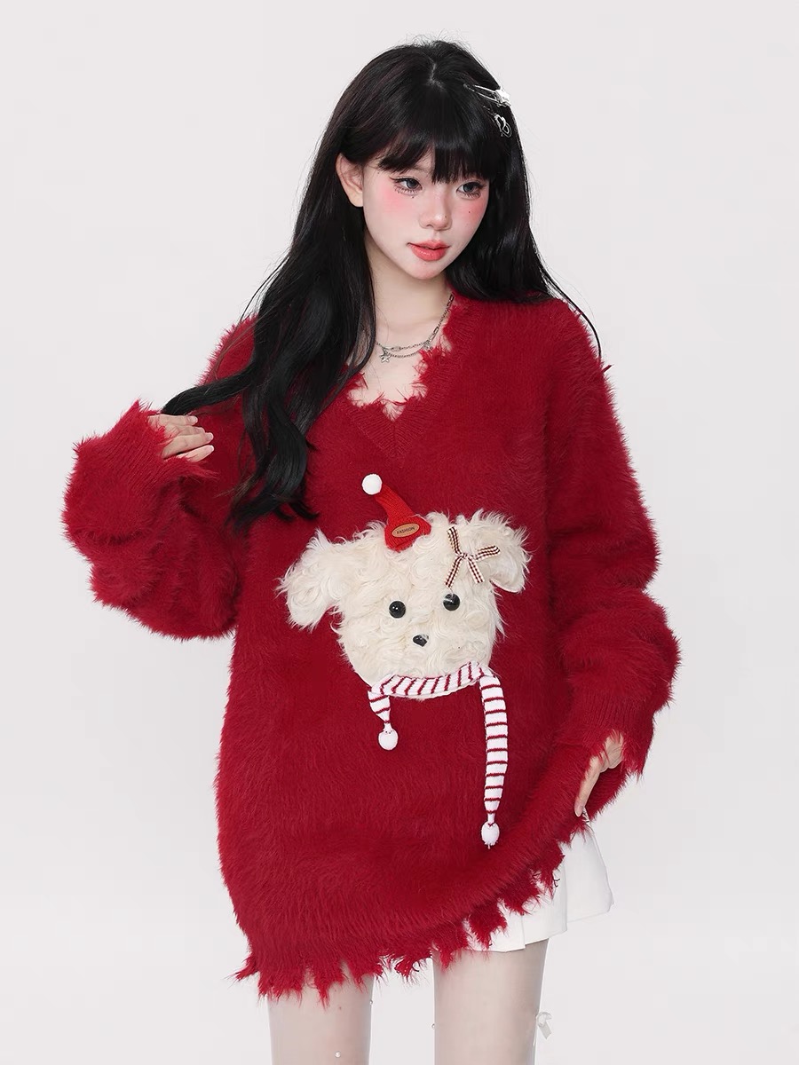 秋冬新款紅色聖誕狗狗毛衣女慵懶風軟糯風韓系V領針織上衣
