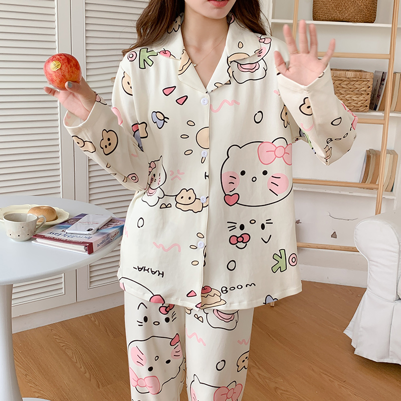 艾尚春秋長袖翻領開衫睡衣女款甜美少女卡通韓版家居服套裝