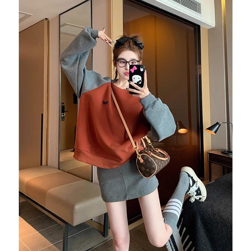 原版做工撞色圓領衛衣女2023新款秋冬加絨加厚小眾復古上衣