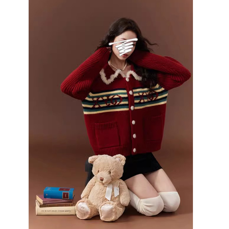 復古慵懶風翻領小個子短款洋氣針織開衫時尚減齡聖誕新年紅色毛衣