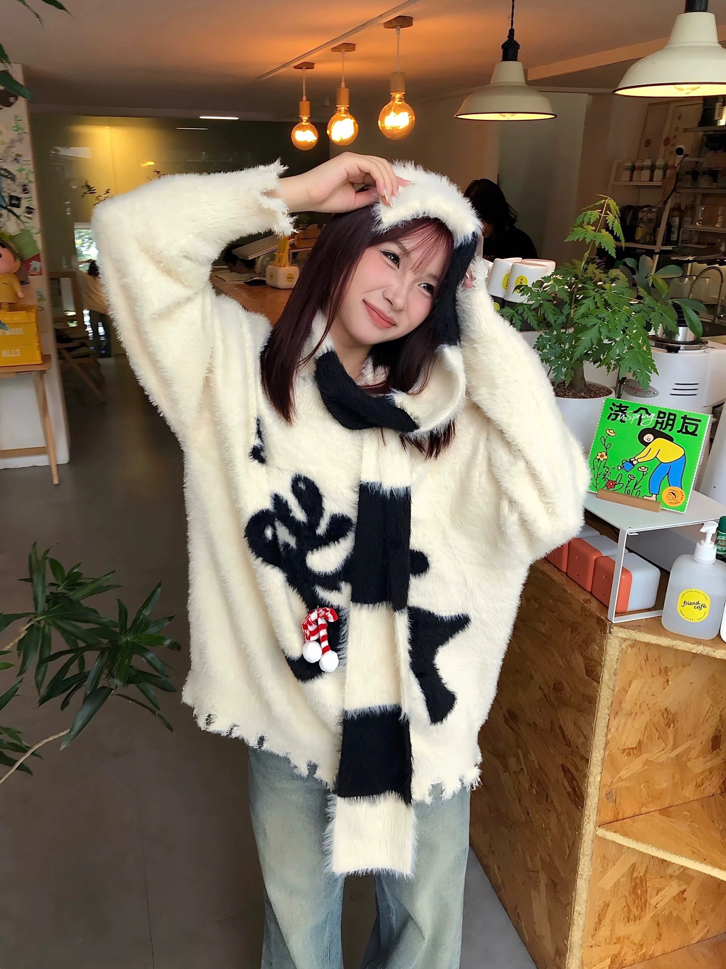 kumikumi氛圍感聖誕麋鹿仿貂絨毛衣女冬季設計感毛邊軟糯針織上衣