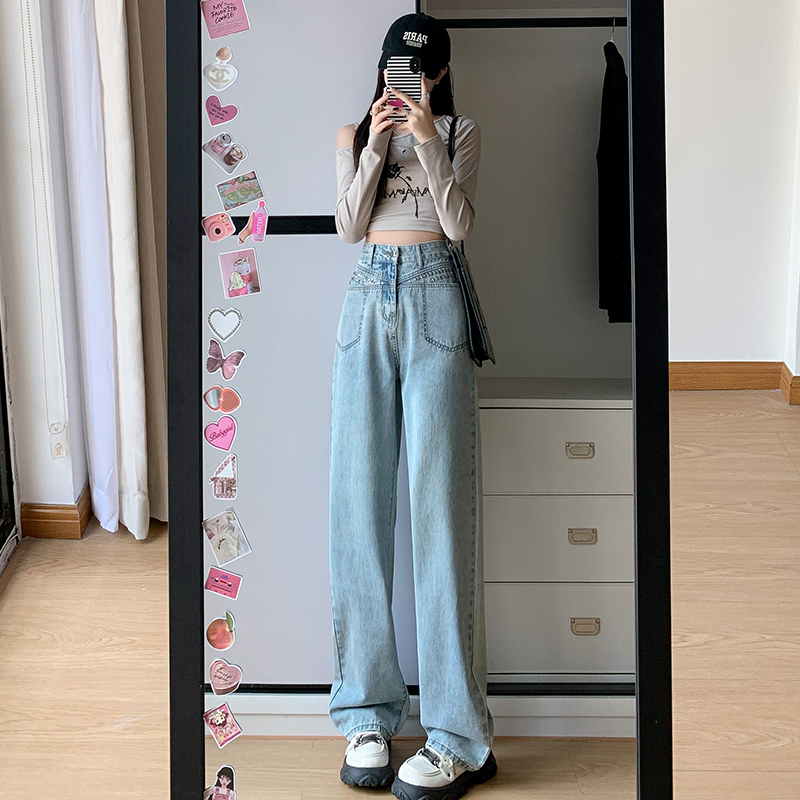 實拍 新款闊腿褲燙鑽百搭顯瘦垂感直筒高腰藍色牛仔褲女
