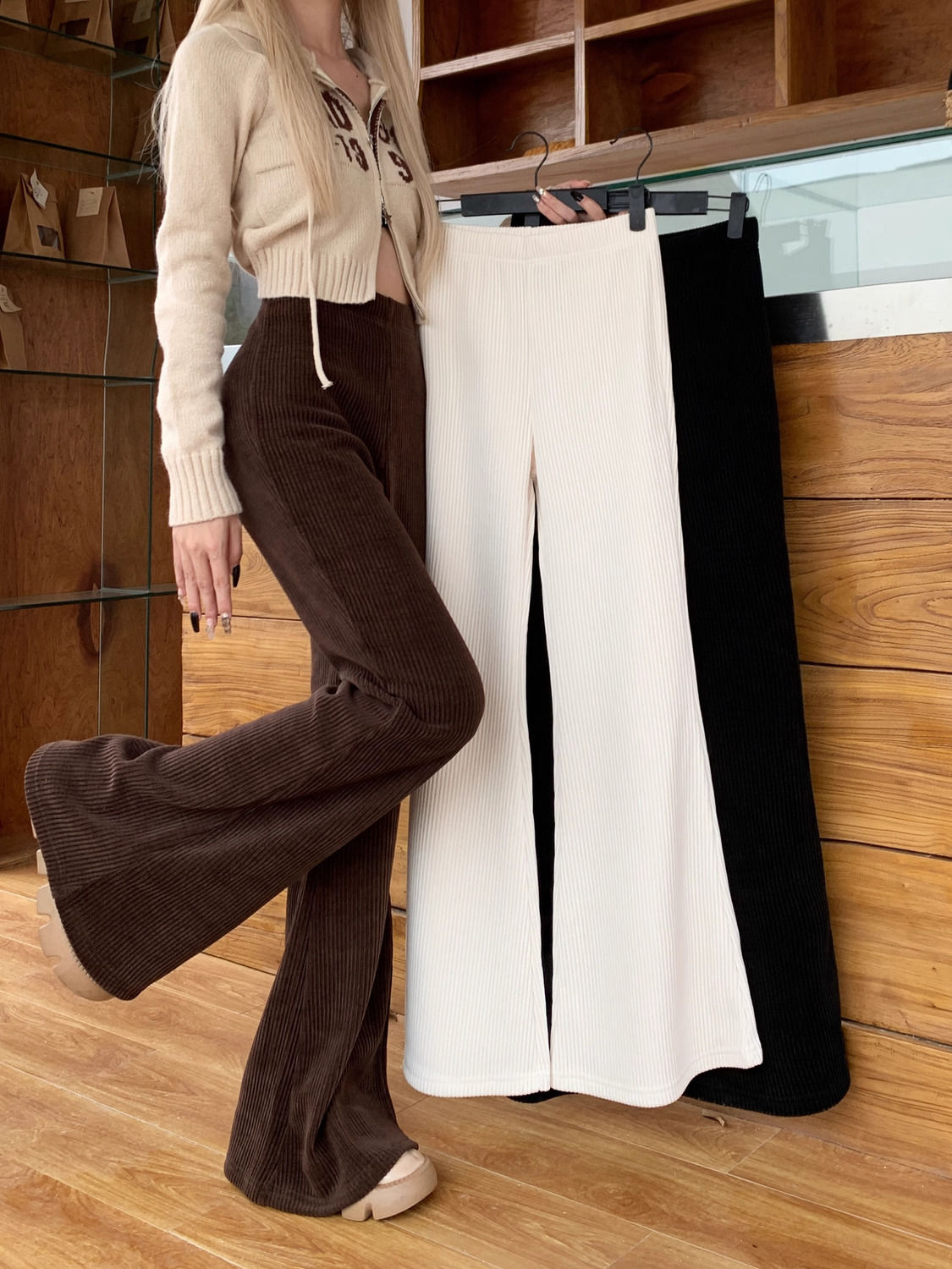 Corduroy drape suit micro-flare pants for women autumn and winter 2023 new retro high-waisted slim casual trousers ins