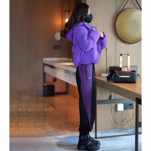 紫色加厚加绒休闲运动套装女秋冬欧货炸街名牌棉服卫裤两件套