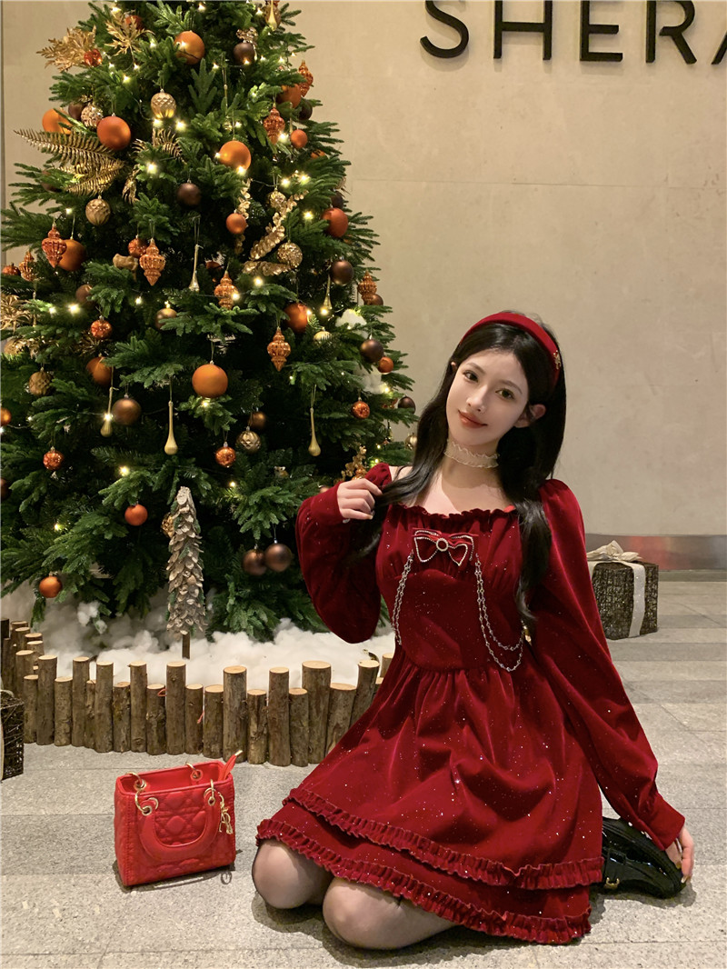 實拍~法式秋冬氣質顯瘦亮閃閃聖誕新年絲絨連衣裙