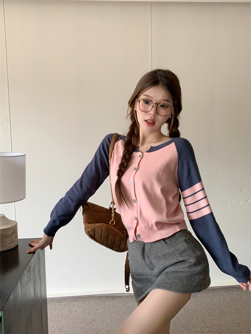 實拍美式慵懶風撞色拼接插肩袖休閒開衫長袖上衣女針織衫外套