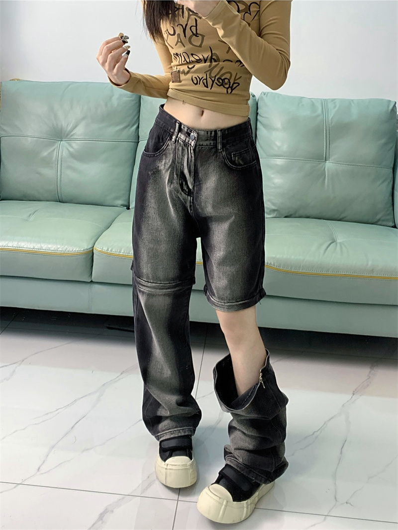 實拍！！！可拆卸牛仔褲子女薄款復古設計感小眾直筒長褲子
