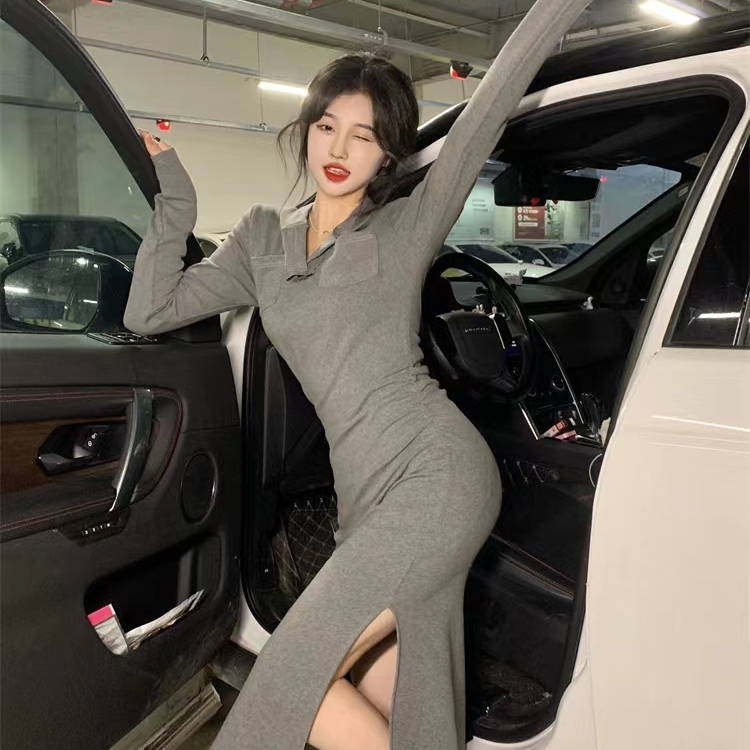 純欲風性感辣妹連衣裙女秋冬修身顯瘦長袖連帽開叉v領包臀長裙女