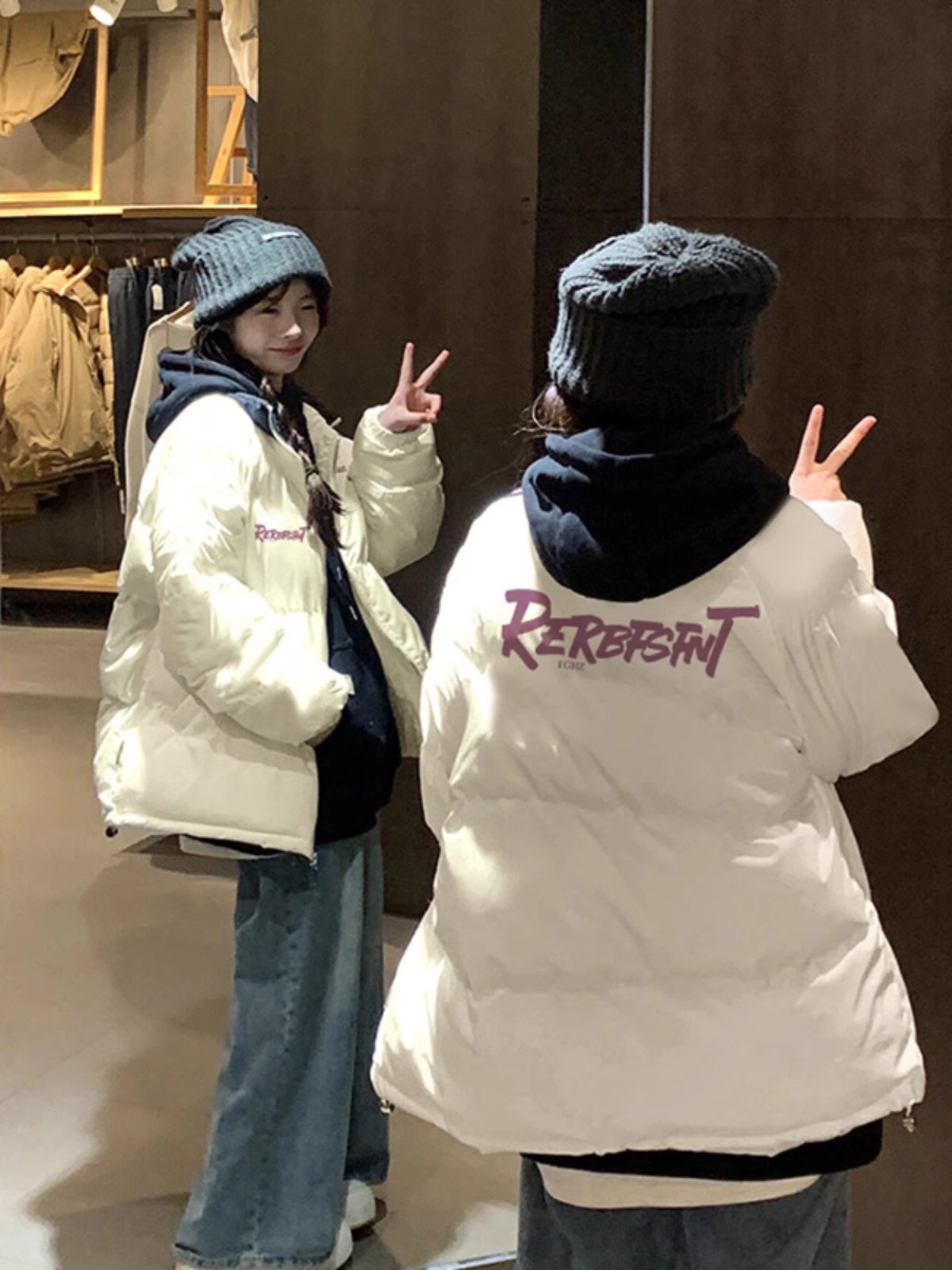高品質手塞棉加厚冬季新款棉服寬鬆印花棉衣麵包服女