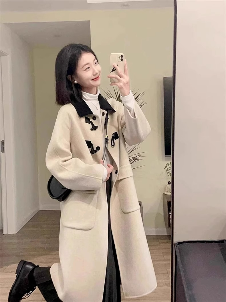 牛角扣呢子大衣女秋冬高級感寬鬆韓系小個子2023新款毛呢外套加厚