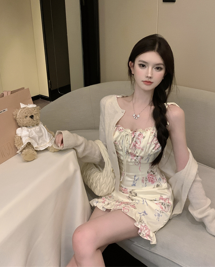 實拍 吊帶碎花裙設計感綁帶修身短款裙溫柔百搭長袖針織開衫