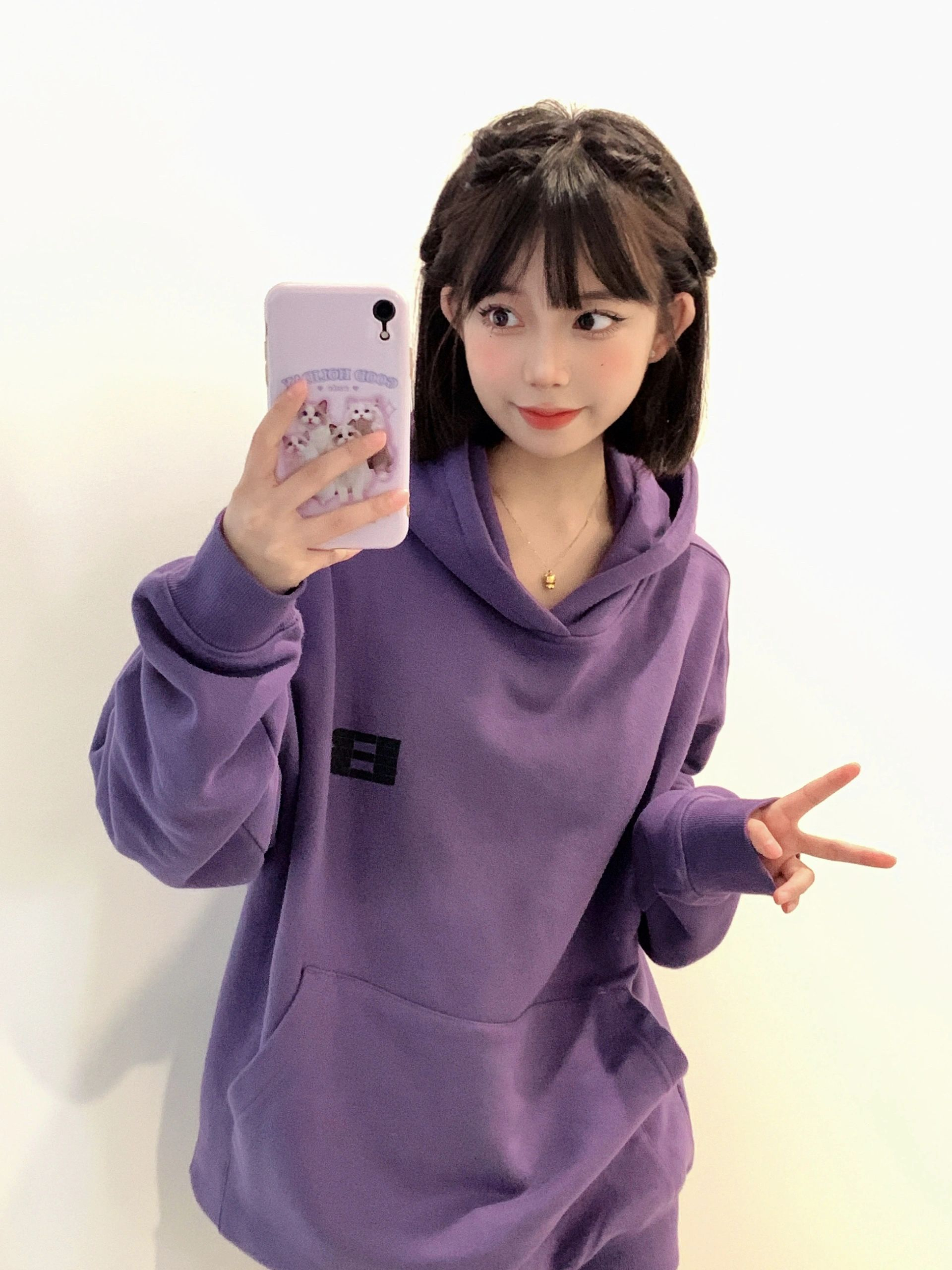 Shimaohua cotton thin coated milk silk/thick coated silver fox velvet printed purple hooded sweatshirt