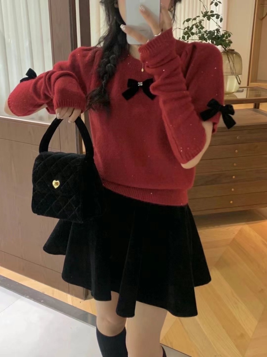韓系甜美蝴蝶結圓領泡泡袖短袖針織衫女秋冬亮片閃閃袖套聖誕毛衣
