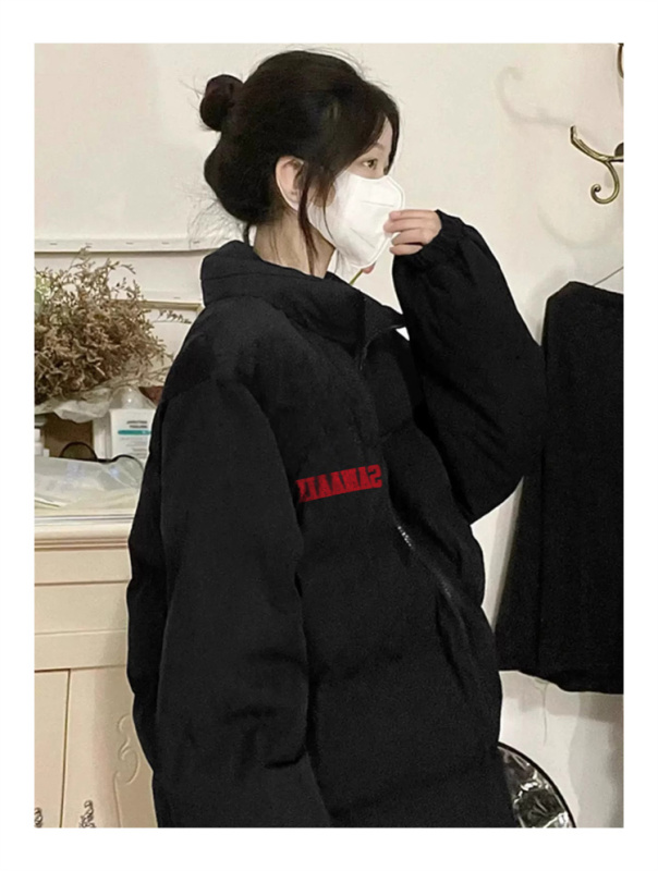 高品質手塞棉加厚冬季新款棉服寬鬆印花棉衣麵包服女