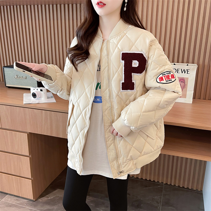 實拍 秋冬季菱格長袖加厚棉服棒球服外套女新款寬鬆夾克上衣