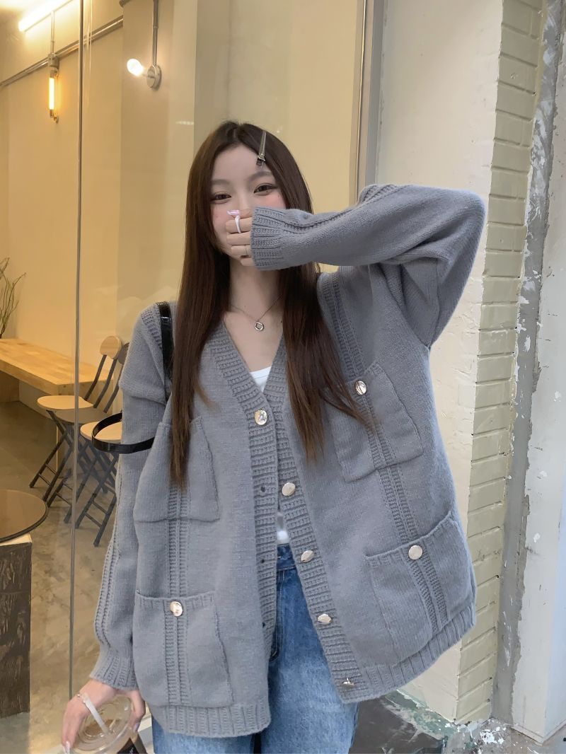 實拍三標齊設計感V領小香風重工藝慵懶開衫毛衣外套