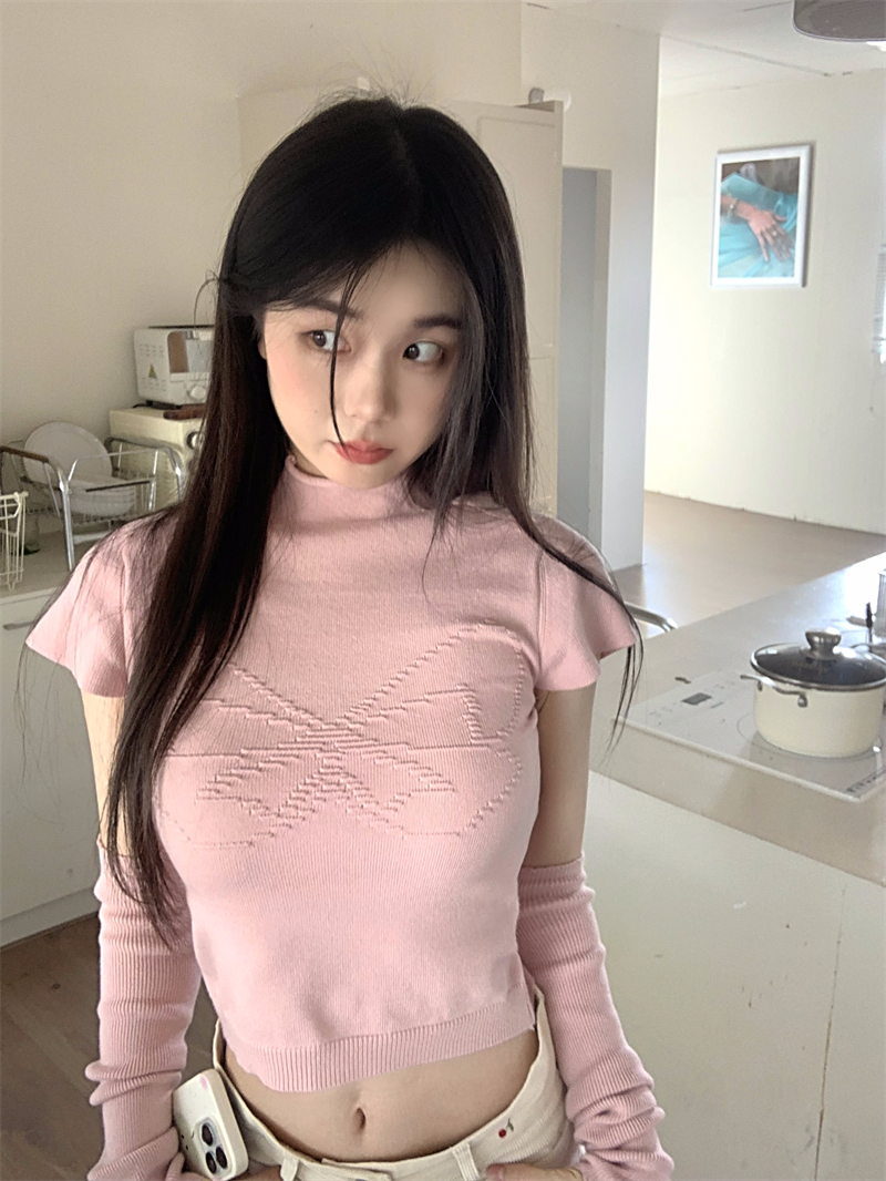 實拍  迷人辣寵設計感蝴蝶可拆卸半高領打底衫女內搭針織上衣