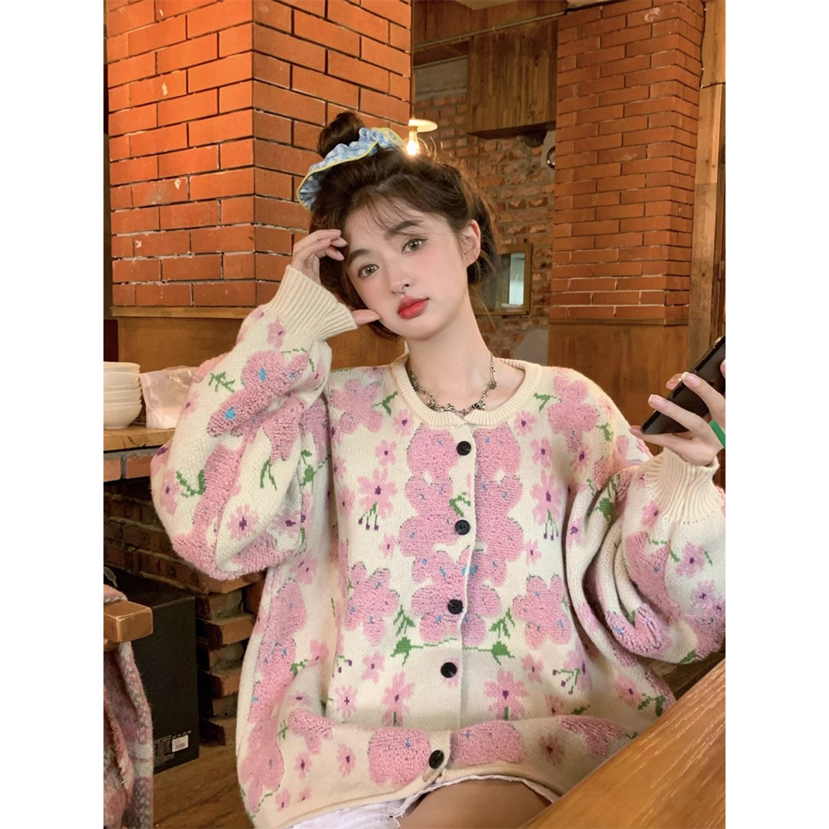 復古重工提花甜美花朵毛衣女秋冬寬鬆慵懶風軟糯針織開衫外套