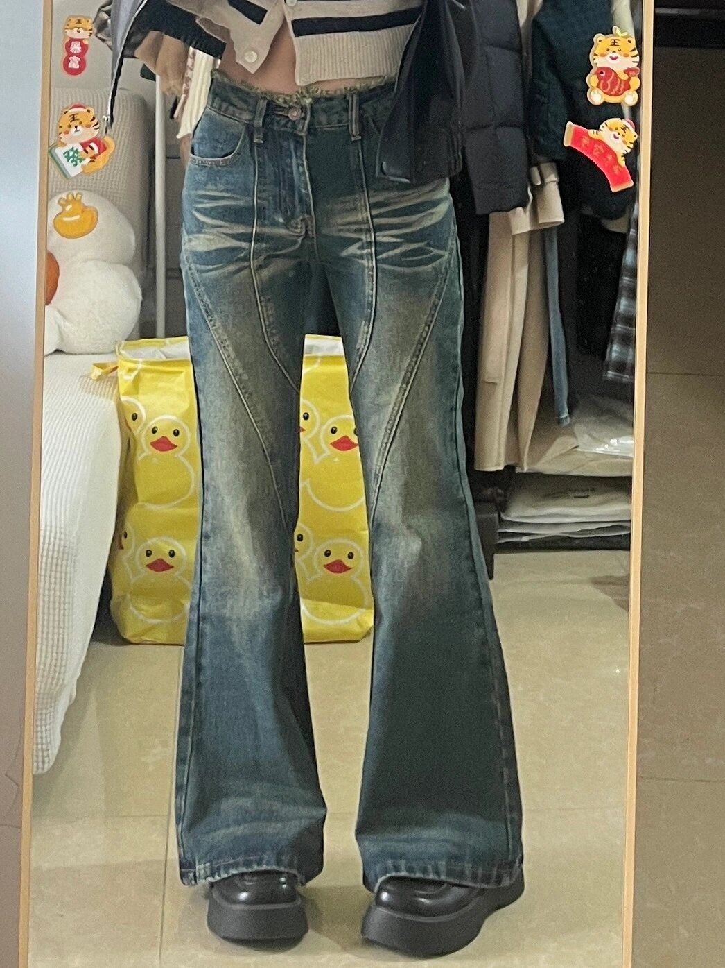 美式復古牛仔褲女春秋不貼腿設計高腰顯瘦寬鬆拖地闊腿微喇褲