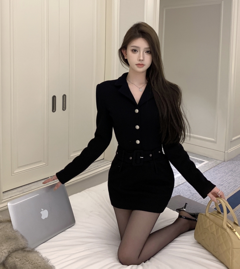 實拍韓劇氣質西裝領工裝連衣裙女修身收腰黑色內搭小香風短裙