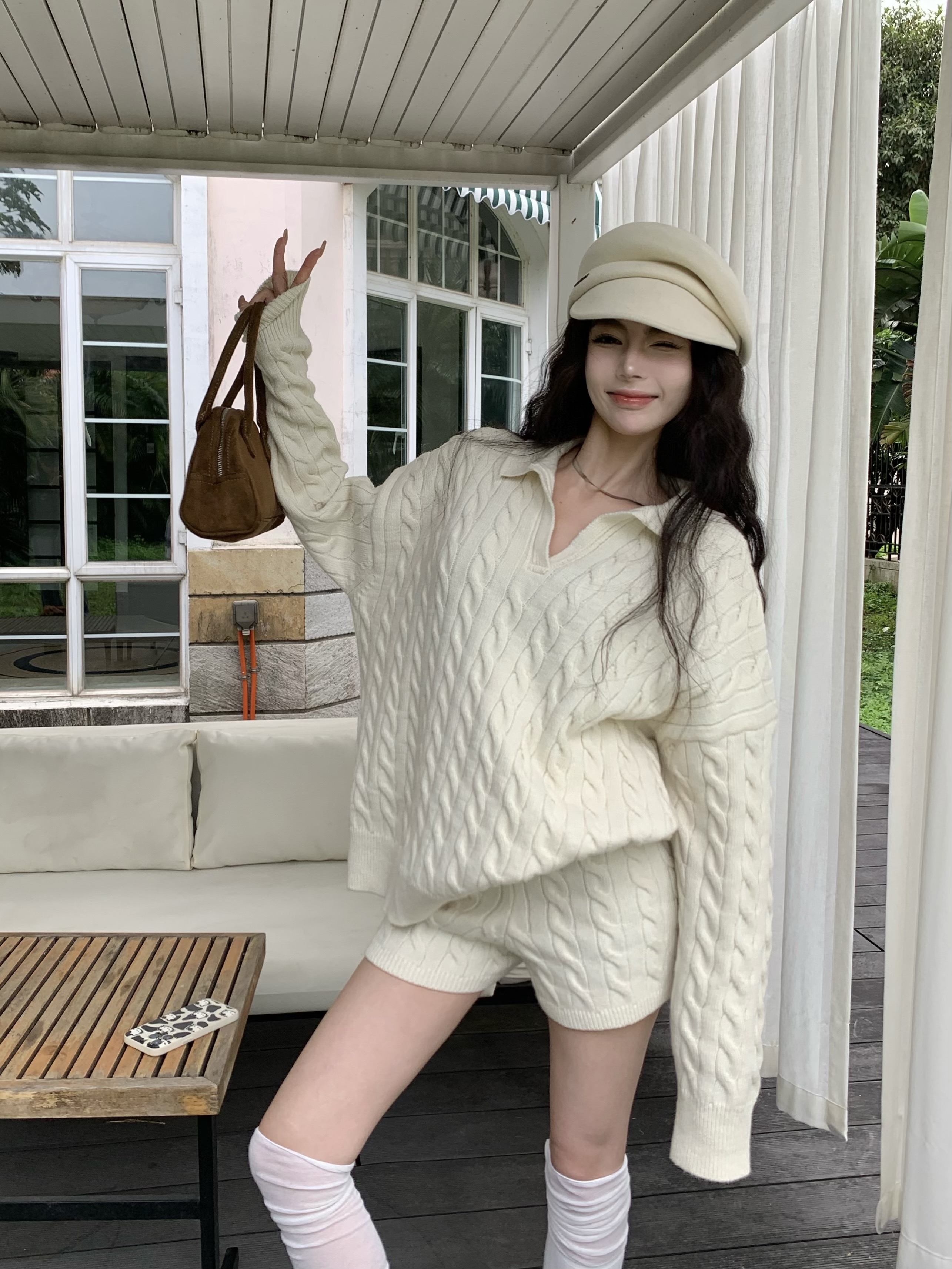 實拍 秋冬韓版翻領顯瘦polo麻花針織衫毛衣短褲時尚套裝