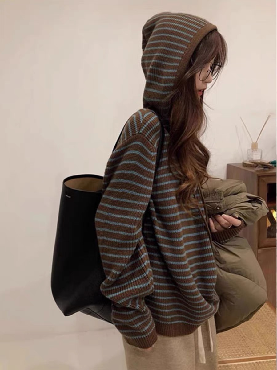優質 2024新款軟糯慵懶風設計感連帽條紋vintage毛衣外套女