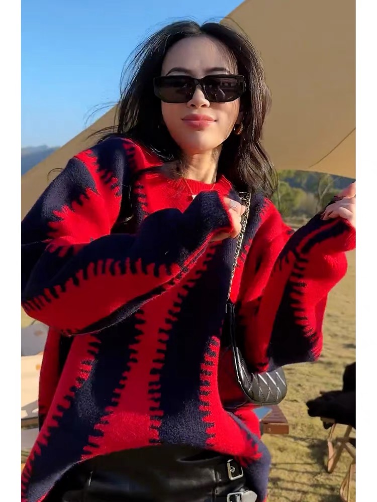 本命年龍年衣服高級感超好看慵懶風聖誕節紅色套頭毛衣女2023秋冬