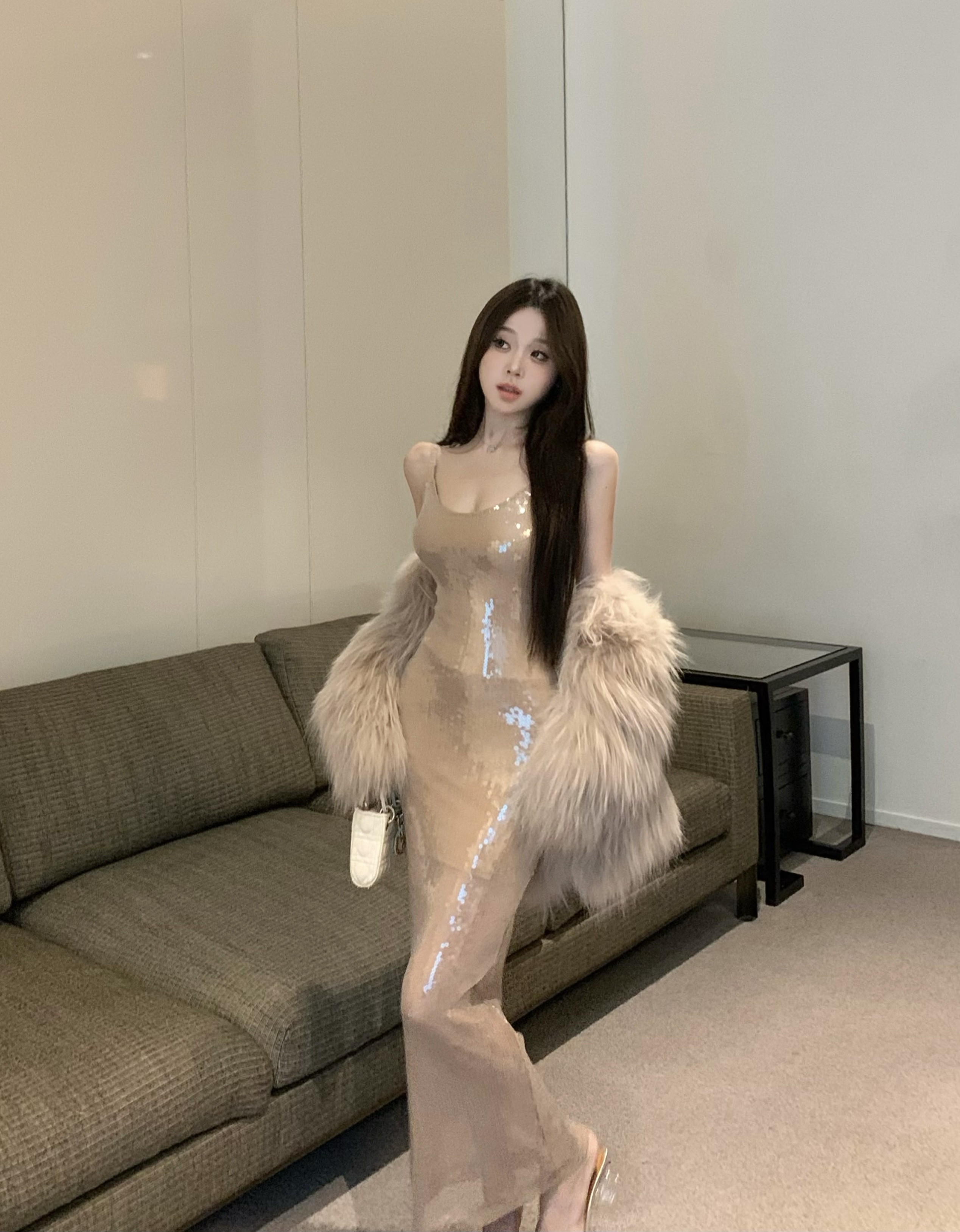 美式辣妹亮吊帶片連衣裙U領修身中長款高級感包臀裙