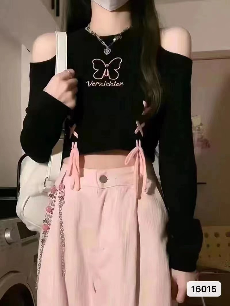 秋季2023新款設計感露肩針織毛衣女甜酷風修身辣妹短款小個子上衣
