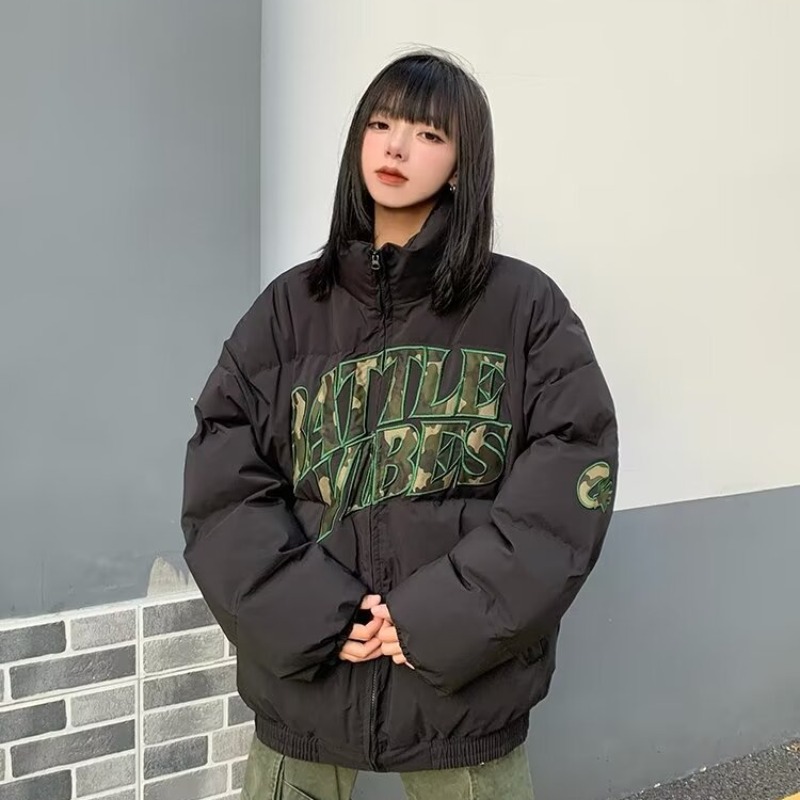 冬季立領棉衣外套女繡花潮牌休閒日系潮流青少年復古運動棉服