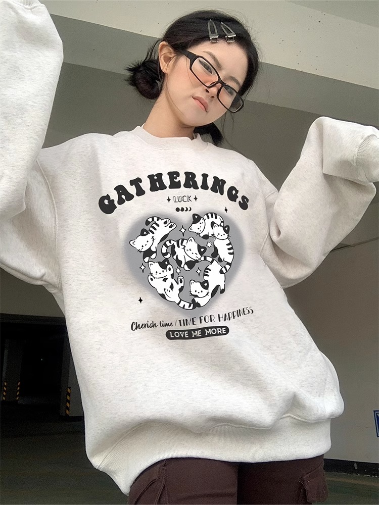 新款灰色圓領衛衣女春秋款無帽重磅小眾設計感百搭上衣oversize潮