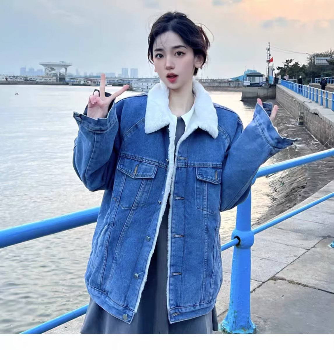 復古港風羊羔毛牛仔外套女秋冬季韓版寬鬆bf棉衣加絨加厚百搭棉服