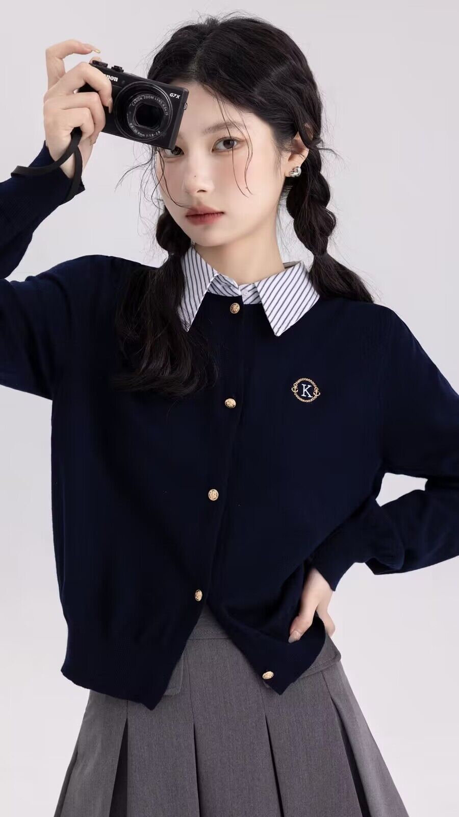 韓系假兩件針織開衫2023早春新款復古學院風穿搭修身顯瘦長袖上衣