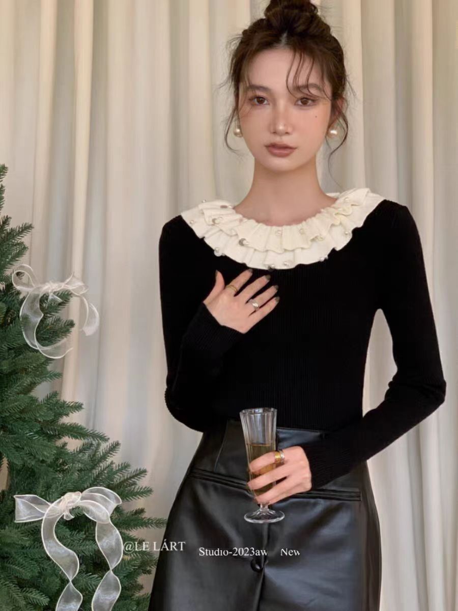LELART上衣女秋冬季2023新款法式優雅名媛氣質釘珠荷葉邊針織衫