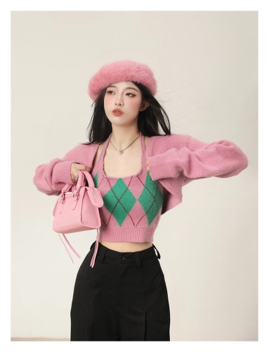 粉色针织外套女春秋韩系吊带内搭套装毛衣上衣女