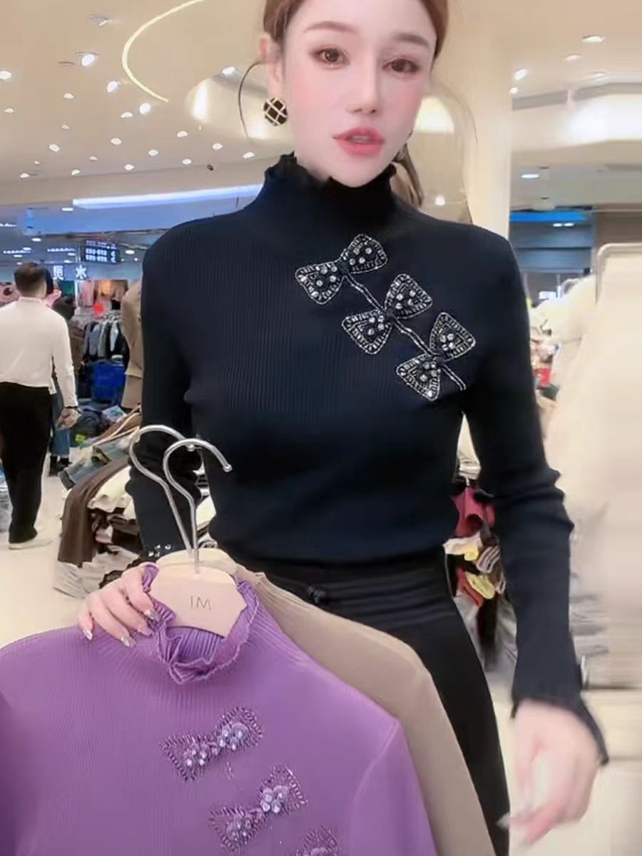 新國風燙鑽盤扣針織衫女2023秋冬洋氣修身拼接荷葉邊半高領打底衫