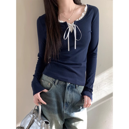 Official picture 260 free-cut fungus lace-up bottoming shirt T-shirt for women winter slim short long-sleeved top