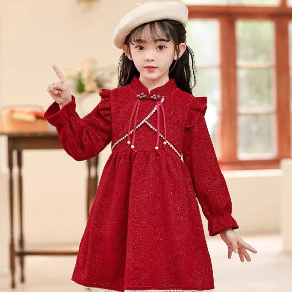 複合布+拉鏈新年裝紅色公主裙禮服裙絲絨裙女童加絨加厚連衣裙