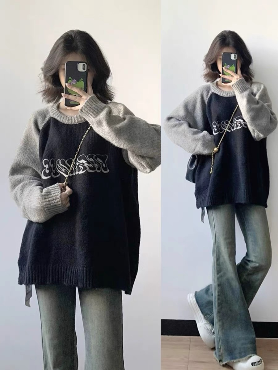 美式復古圓領套頭插肩袖毛衣女秋冬2023新款寬鬆慵懶風針織衫上衣