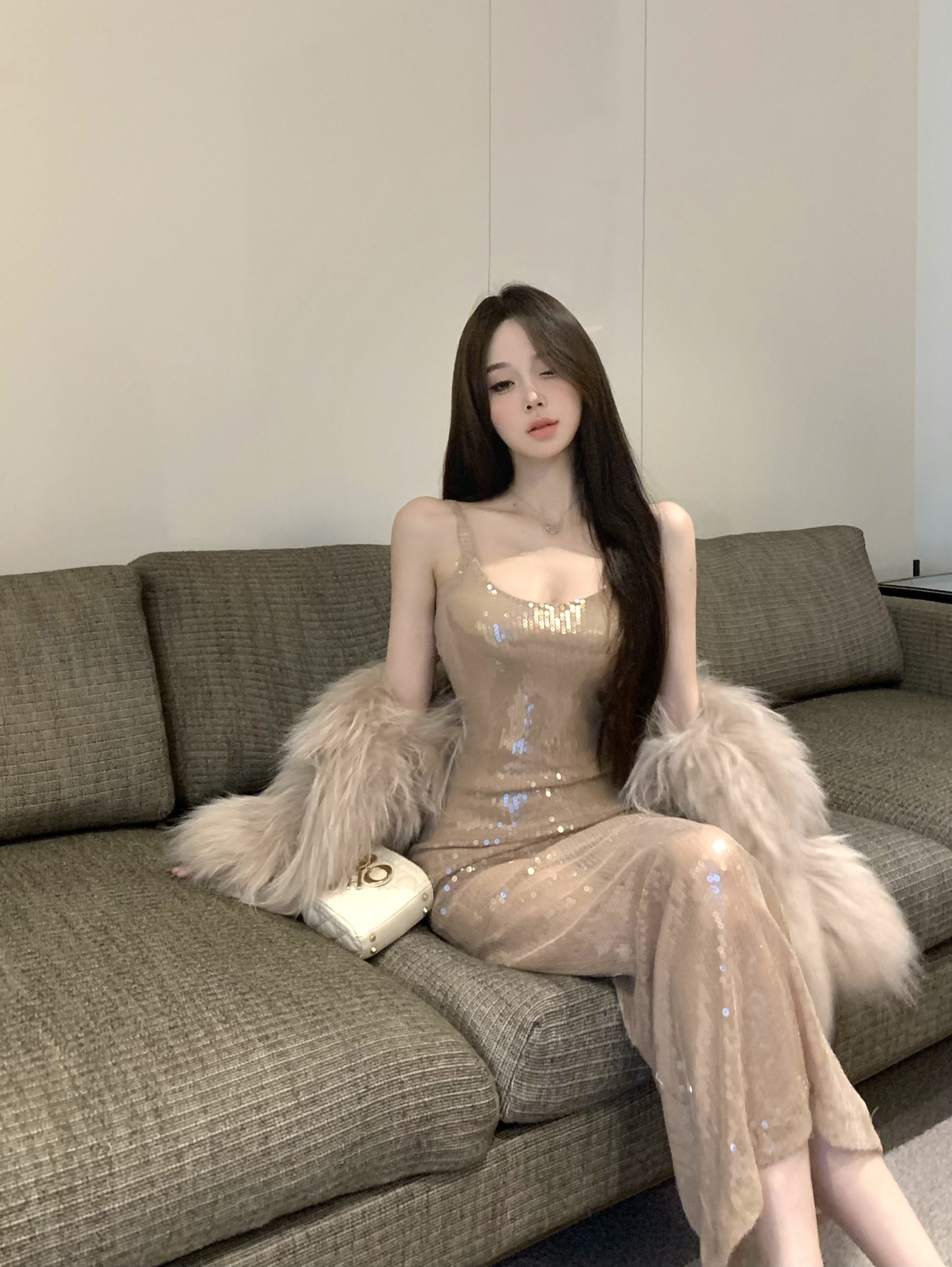 美式辣妹亮吊帶片連衣裙U領修身中長款高級感包臀裙