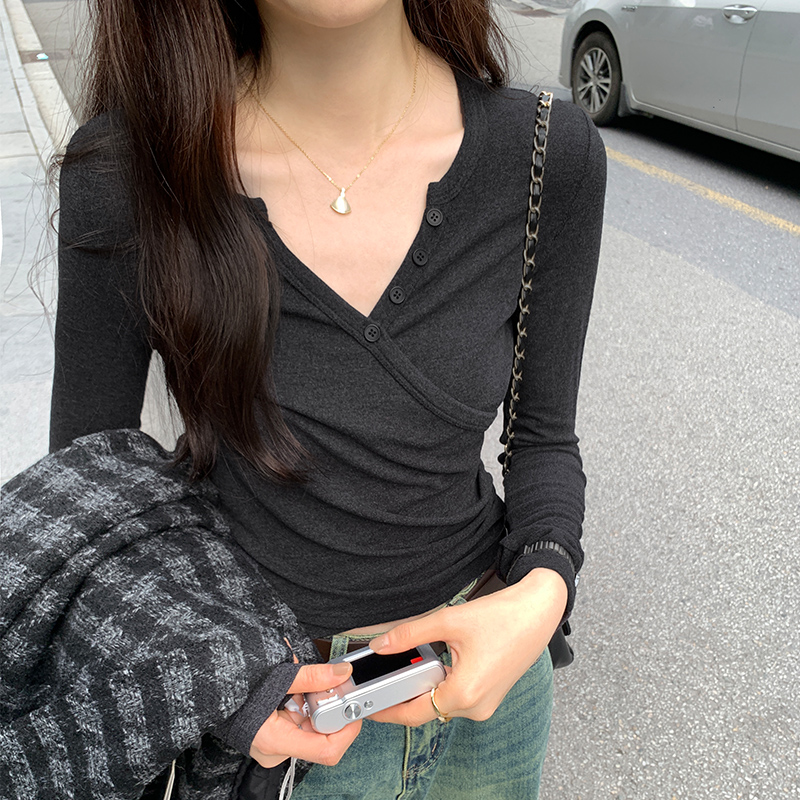 實拍圖法式交疊V領捏褶長袖設計感修身甜辣上衣