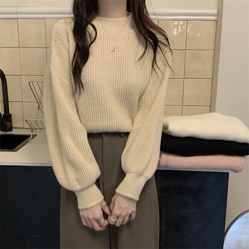 Real shot of autumn and winter warm half turtleneck design lantern sleeve sweater for women