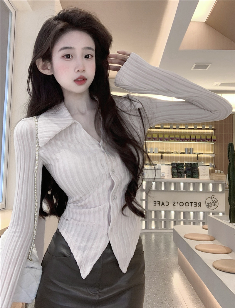 實拍~辣妹V領設計感長袖polo領針織衫女磨毛修身顯瘦上衣