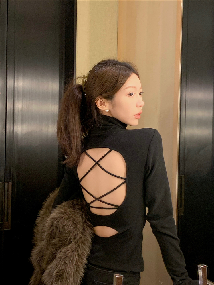 實拍~背影殺手 黑色高領德絨T恤女修身顯瘦辣妹露背上衣女
