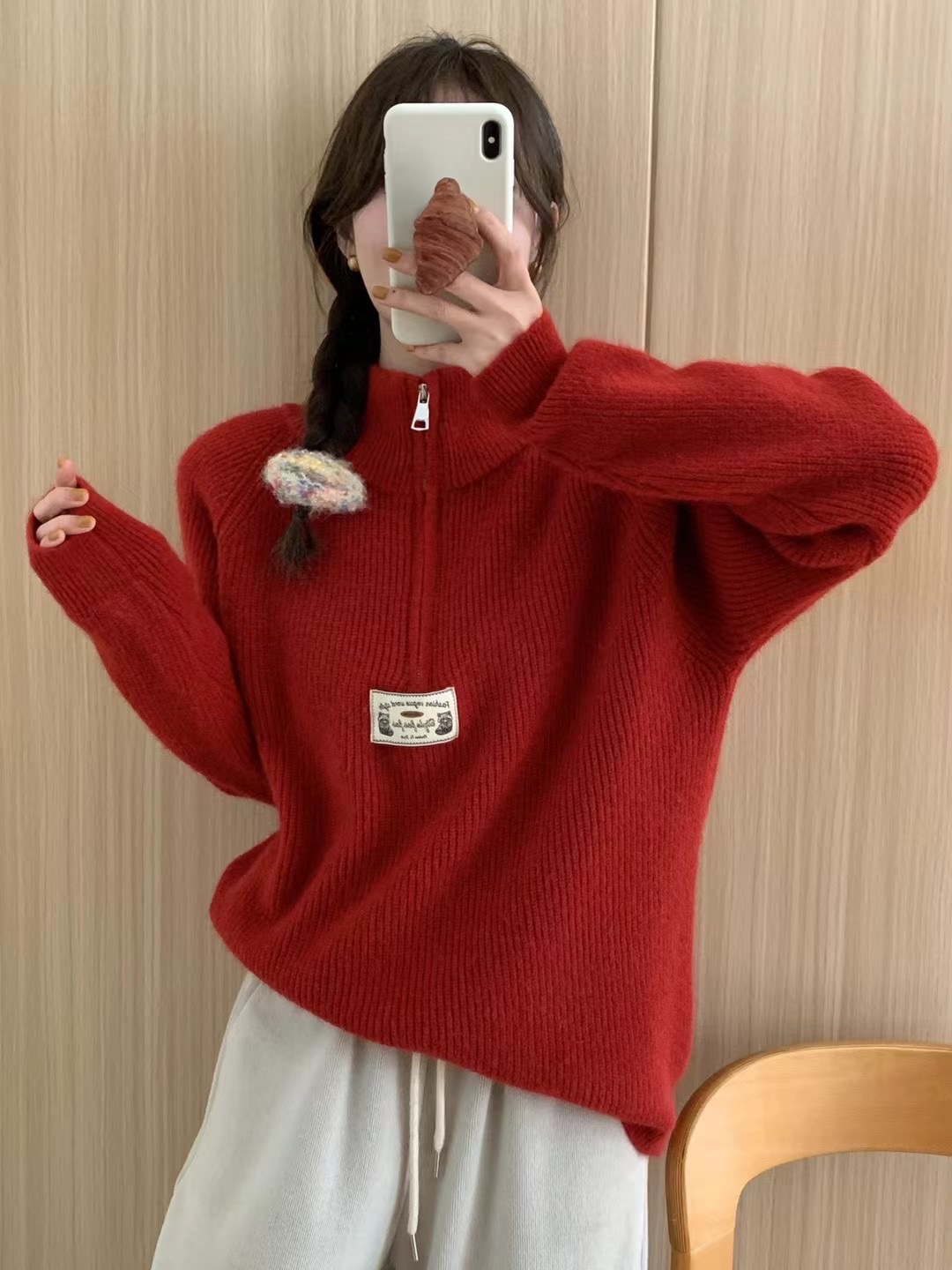 紅色拉鏈休閒半開領套頭針織衫女秋冬新款加厚軟糯Q彈加厚毛衣