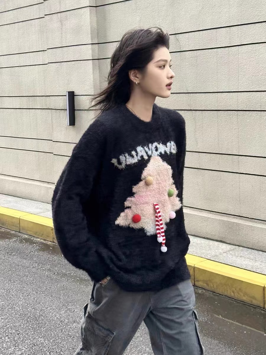 Feel lonely 美式復古漸變聖誕樹圓領毛衣秋冬休閒情侶寬鬆針織衫